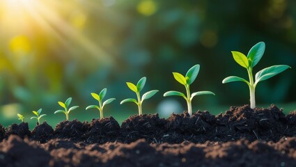 Close up of seedlings in fresh soil, highlighting stages of plant development under sunlight