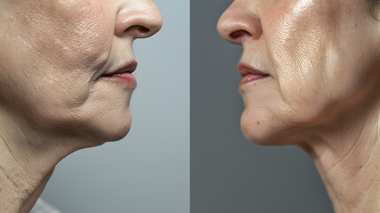 Obraz premium close-up before and after comparison of mature woman's neck and lower face showing skin tightening and anti-aging results