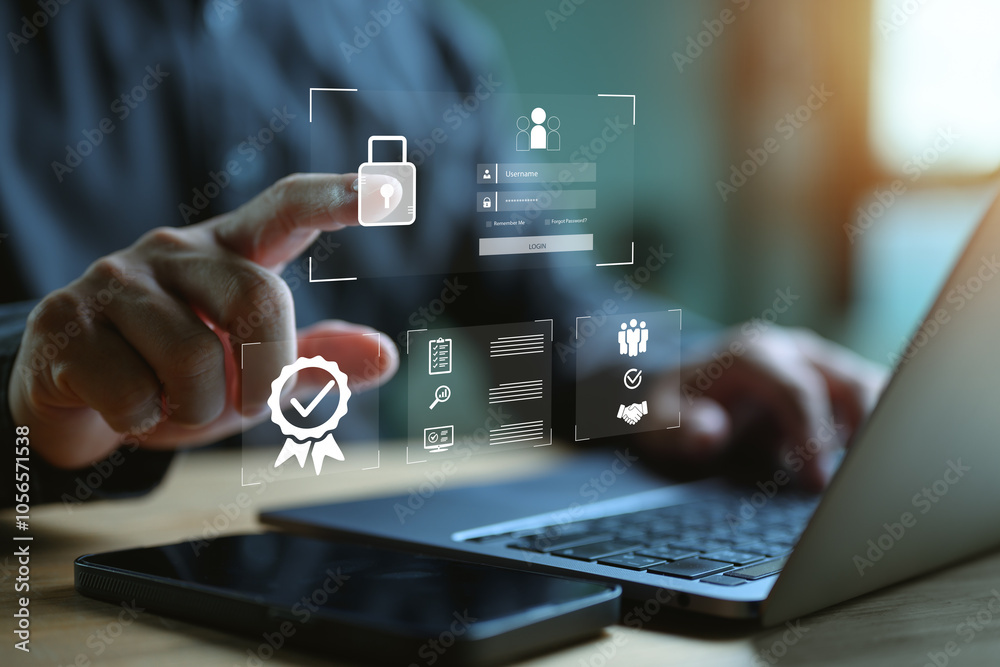 Aufkleber Businessman protecting personal data on laptops with icon lock and virtual interfaces. Cybersecurity and privacy concepts to protect data. Lock icon and internet network security technology.