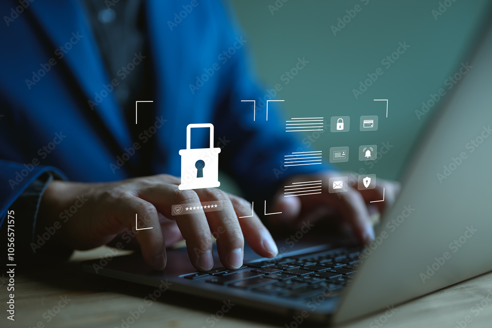 Poster Internet network data protection, anti hacker, cybercrime and Cybersecurity concept, user privacy security and encryption, secure internet access Future technology and cybernetics, screen padlock.