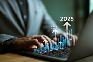 New target and goals for 2025, development plan for success, businessman shows Chart of company...