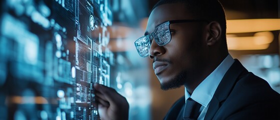 A black man employee is using a cloud computing system to verify inventory at a state-of-the-art logistics warehouse. The Smart Logistics Factory is an innovative concept.