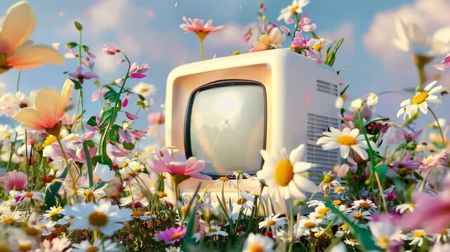 Old computer with grass and flowers, kawaii lo fi animated cartoon background. Retro technology