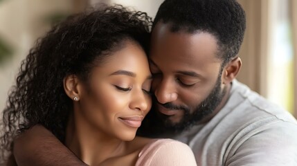 Obraz premium Close-up of a mature couple holding each other in a gentle embrace, enjoying a moment of closeness at home. The setting emphasizes warmth and stability, showcasing their deep bond and commitment