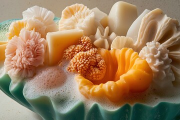 Artistic Arrangement of Organic Forms in Soft Pastel Tones with Foam