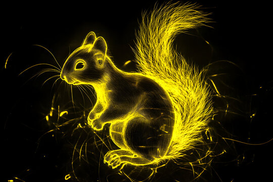 A dynamic neon yellow outline of a fox squirrel with a bushy tail surrounded by glowing light streaks on a dark background.