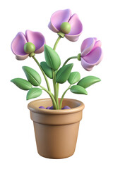 Colorful Cartoon Flower in a Pot with Purple Petals and Green Leaves