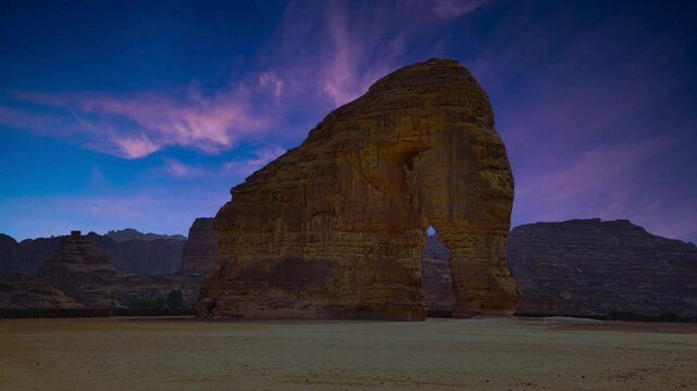 Elephant Rock in Al Ula, Madinah, near Madain Saleh, Saudi Arabia (KSA) Saudi Arabia. Unesco World Heritage site, a landscape of sand, rocks, canyon and and tombs. Near to Hegra and main tourist site