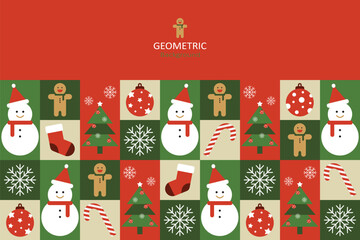 A geometric Christmas background in a minimalist style with various snowmen, snowflakes, Christmas trees, and ornaments, using green, red, white, and beige colors.