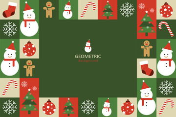 A geometric Christmas background in a minimalist style with various snowmen, snowflakes, Christmas trees, and ornaments, using green, red, white, and beige colors.