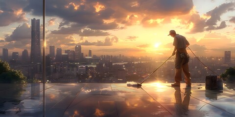 Fototapeta premium High-rise window cleaner overlooking cityscape at dusk.