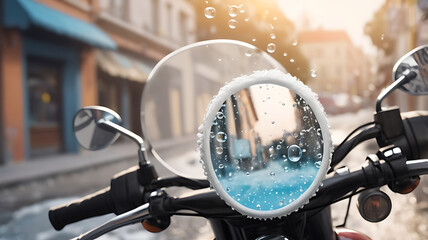 Obraz premium Detailed close-up of a futuristic scooty’s rear-view mirror and handlebar area covered in thick soap foam, with foam bubbles dripping down against a soft bokeh background.