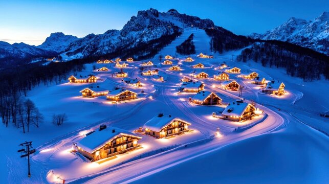 A photostock of a snowy village decorated with Christmas lights, at dusk.