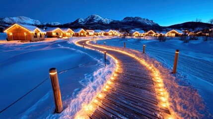 A photostock of a snowy village with holiday lights glowing under a clear night sky.