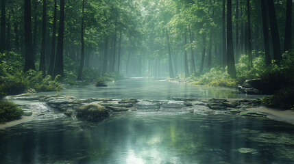 Obraz premium waterfall in the woods , ,Background illustration Beautiful nature landscape Forest River Waterfall and flowers