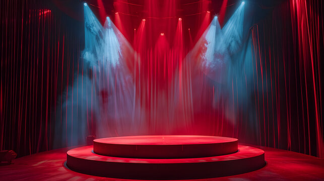 Empty stage of the theater, lit by spotlights before the performance. Red round podium on bright background - Powered by Adobe