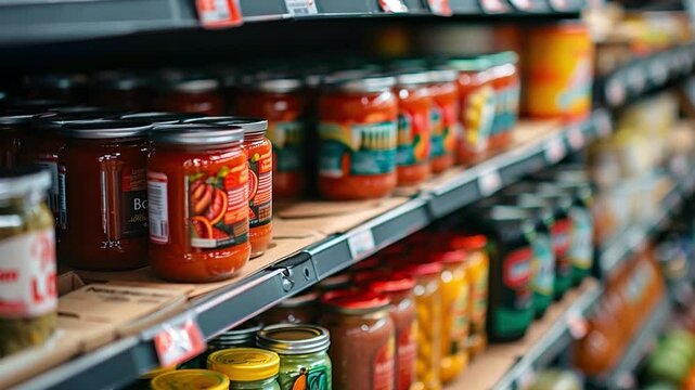 This Grocery shoppers browse a colorful selection of sauces and canned goods on store shelves.