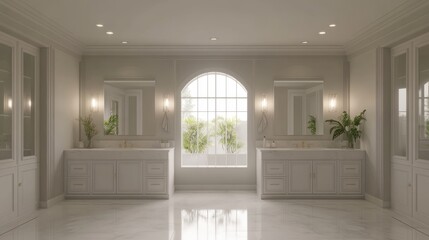 Obraz premium Luxurious bathroom featuring a double vanity, large arched window, and abundant natural light. Perfect for modern interior design inspiration.