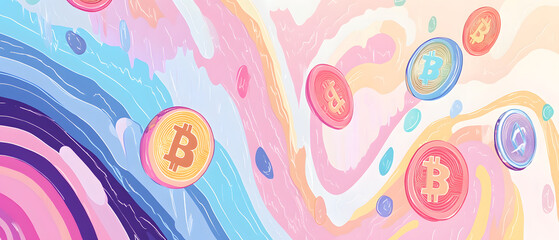 dollar production, coins, stock graphs, and Bitcoin in various creative graphic styles