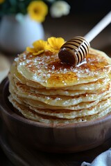 Stack of Pancakes Drizzled with Honey and Sprinkled with Salt