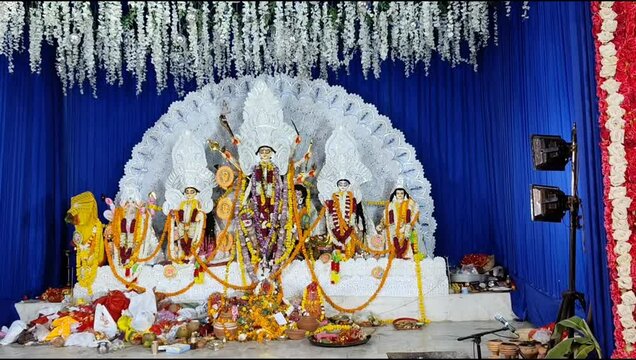 Goddess Durga with traditional look in close up view in Jhilmil Colony Delhi, Durga Puja Idol, A biggest Hindu festival in India