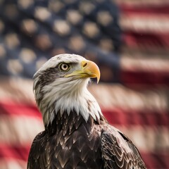 Naklejka premium Close-up of a bald eagle with an American flag in the background, representing freedom, strength, and patriotism.