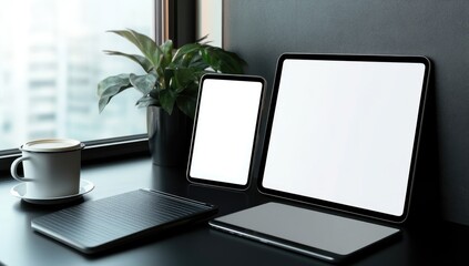 Minimalist Workspace with Tablets and a Cup of Coffee