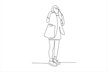 A minimalist line drawing of a person standing, holding a bag and wearing casual attire.