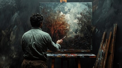 Fototapeta premium Artist painting an autumn landscape on canvas, surrounded by creative materials and a dramatic studio backdrop.