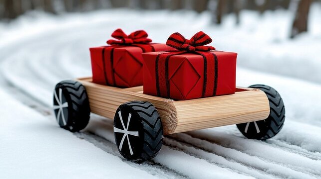 A photostock of a wooden sleigh carrying Christmas presents, on a snowy path.