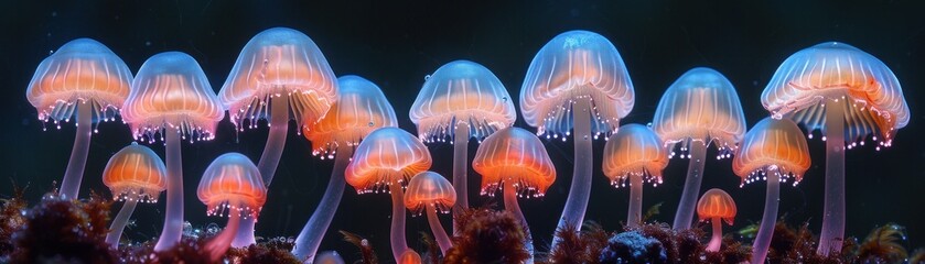 Close-up of bioluminescent mushrooms covered in dewdrops, glowing with a magical light, capturing the essence of nature’s beauty