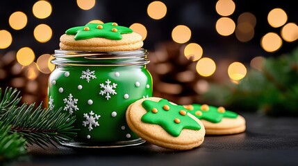 Obraz premium A photostock of Christmas-themed cookies in a jar, with pine branches around.