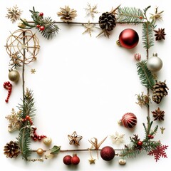 Christmas props arranged with a large blank area for adding text or graphics.