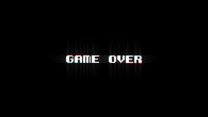 Simple Pixelated retro game over text with glitch and static effects transitioning colors - Powered by Adobe