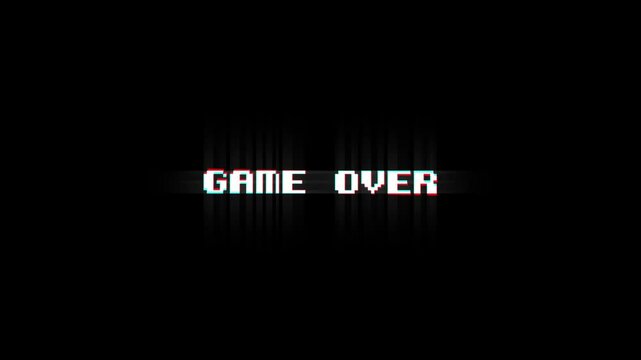 Simple Pixelated retro game over text with glitch and static effects transitioning colors