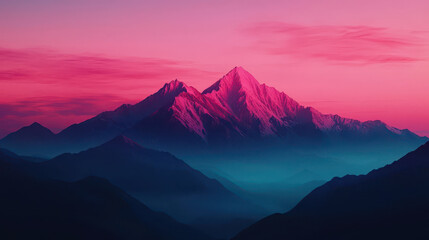 Fototapeta premium Majestic mountain range at sunset, featuring vibrant pink and purple hues illuminating peaks and valleys, creating serene and breathtaking landscape