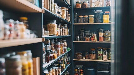 Naklejka premium Organized Pantry Shelves with Jars of Spices, Grains, and Preserved Goods