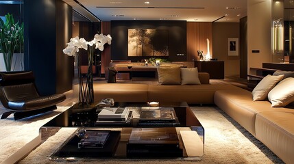 Elegant modern living room with stylish furniture, warm lighting, and contemporary decor.