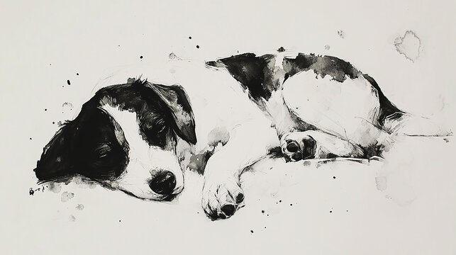black and white sleeping dog charcoal pencil drawing in white background. 