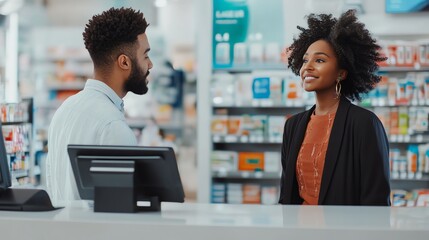 Friendly interaction between a pharmacist and a customer in a modern pharmacy setting.