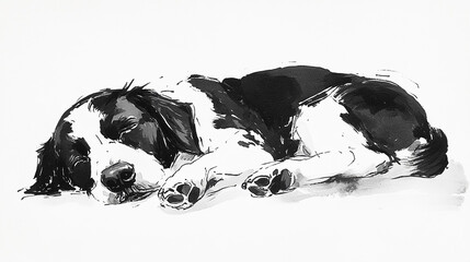 black and white sleeping dog charcoal pencil drawing in white background. 