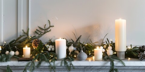 Clean Christmas mantel with a few candles and a minimalist garland.