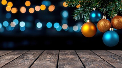 Fototapeta premium A photostock of colorful Christmas baubles on a wooden table, with a blurred background.
