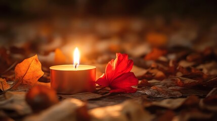 Warm Candlelight Surrounded by Autumn Leaves and a Red Flower in a Cozy Fall Setting