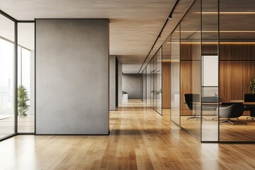 Obraz premium Modern Office Interior with Glass Walls and Wooden Panels
