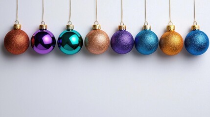 A photostock of colorful Christmas ornaments arranged in a circle, on a white background.