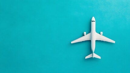 Flat lay design of travel concept with plane on blue background with copy space. 
