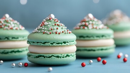 Festive green macarons topped with white frosting and colorful sprinkles, perfect for holiday celebrations.