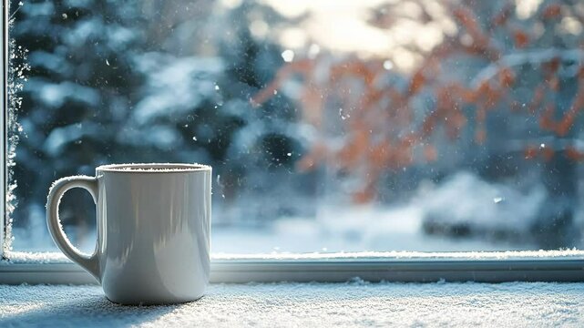 Mockup of a white coffee mug set against a snowy window, with frost patterns and snowflakes gently falling outside, perfect for winter-themed designs. . Video