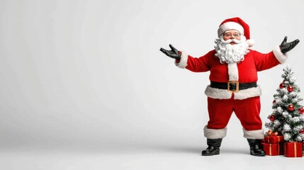 A photostock of Santa Claus figurine standing next to a Christmas tree.